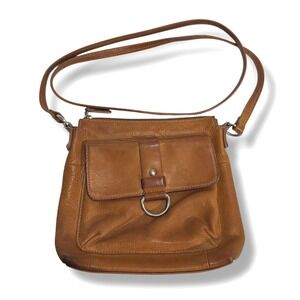 Fossil Genuine Leather Tan Crossbody Bag Ring Detail Front Pocket Womens